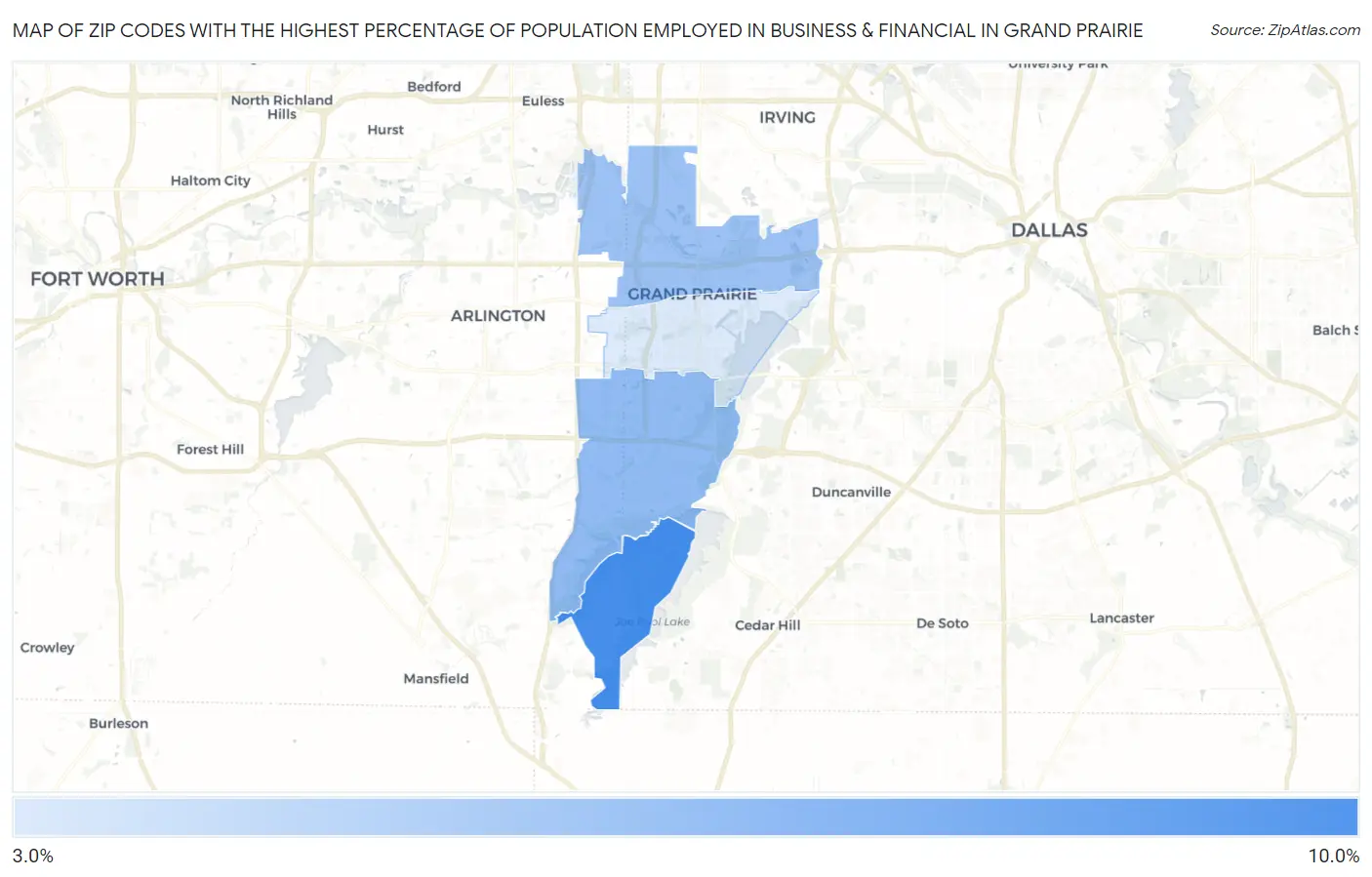 Zip Codes with the Highest Percentage of Population Employed in Business & Financial in Grand Prairie Map