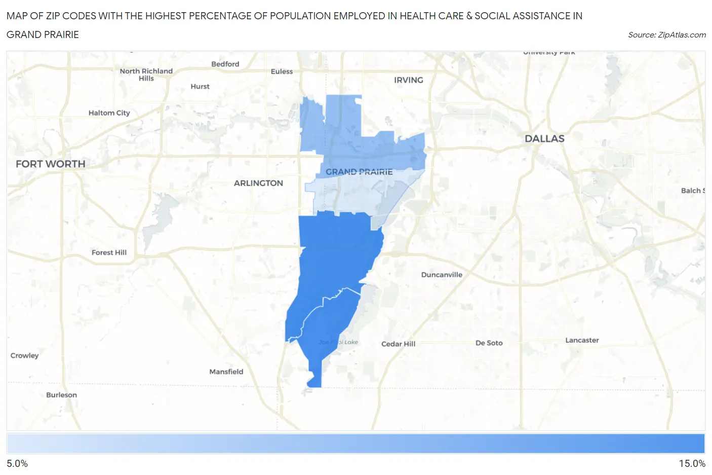 Zip Codes with the Highest Percentage of Population Employed in Health Care & Social Assistance in Grand Prairie Map