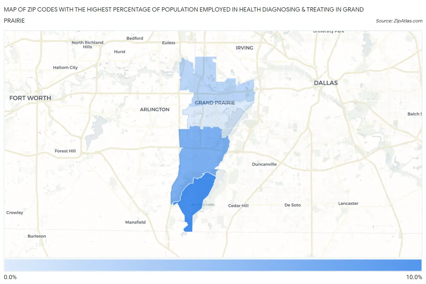 Zip Codes with the Highest Percentage of Population Employed in Health Diagnosing & Treating in Grand Prairie Map