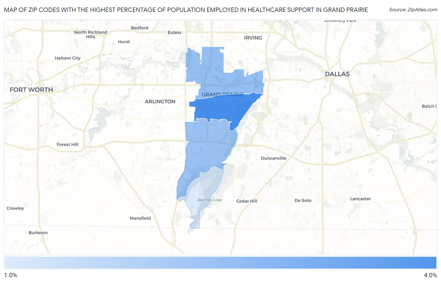Zip Codes with the Highest Percentage of Population Employed in Healthcare Support in Grand Prairie Map