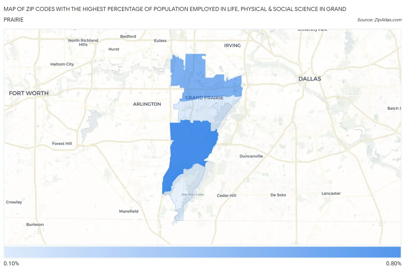 Zip Codes with the Highest Percentage of Population Employed in Life, Physical & Social Science in Grand Prairie Map