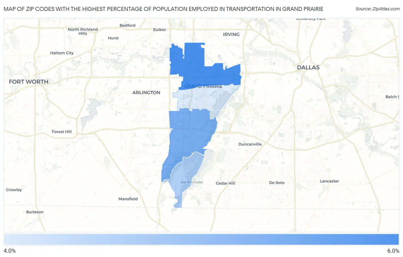 Zip Codes with the Highest Percentage of Population Employed in Transportation in Grand Prairie Map
