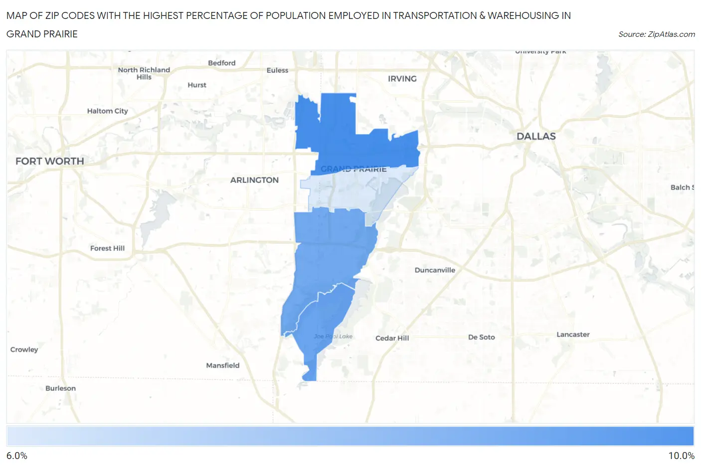 Zip Codes with the Highest Percentage of Population Employed in Transportation & Warehousing in Grand Prairie Map