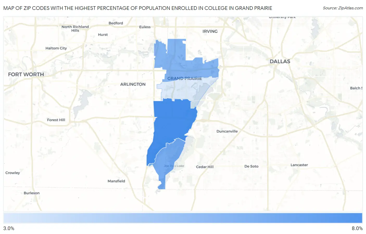 Zip Codes with the Highest Percentage of Population Enrolled in College in Grand Prairie Map