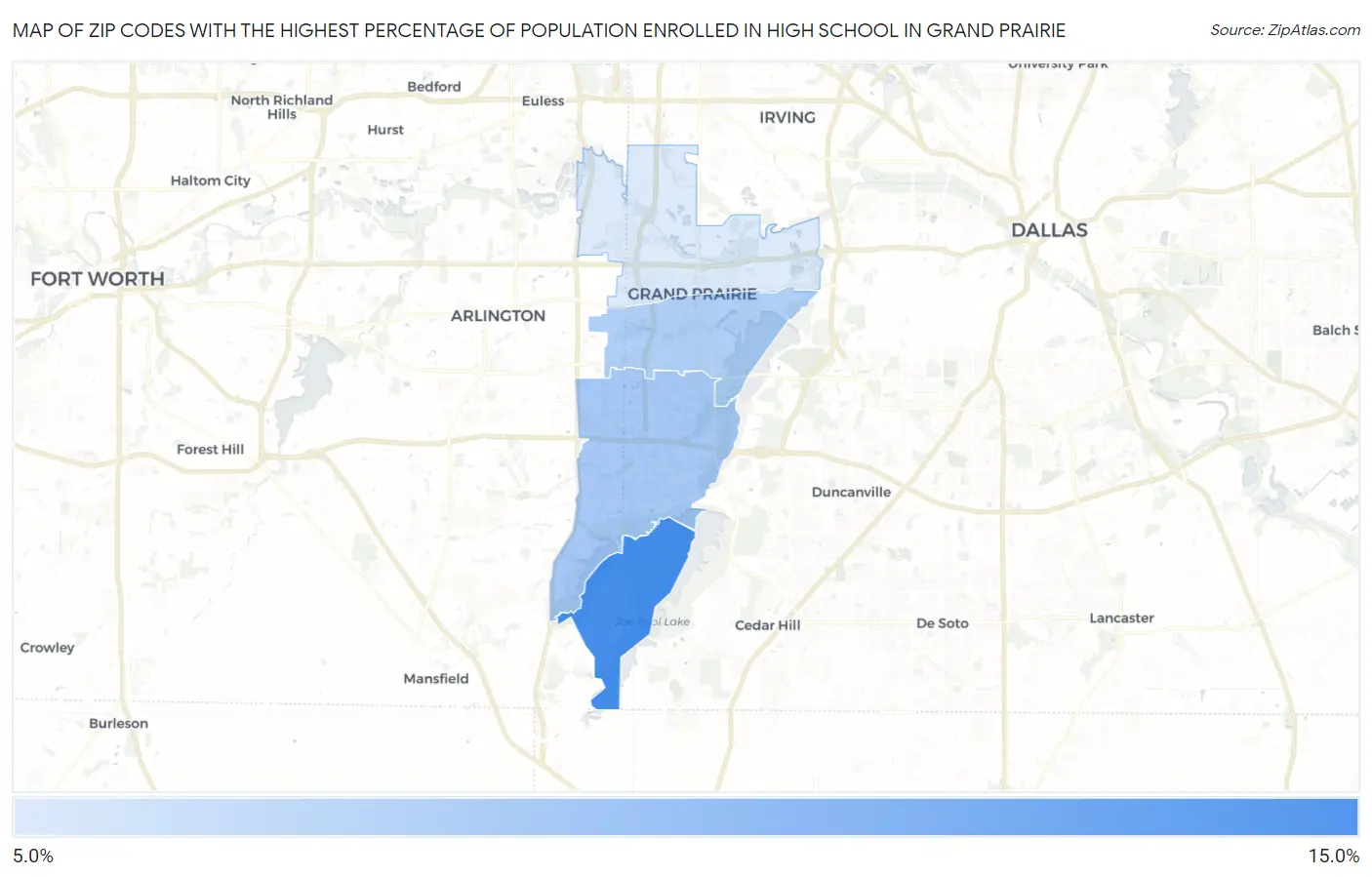 Zip Codes with the Highest Percentage of Population Enrolled in High School in Grand Prairie Map