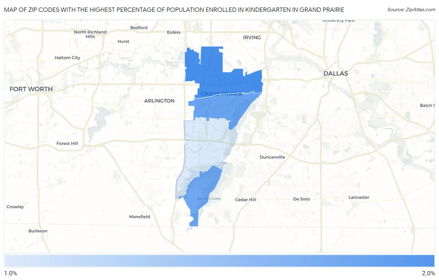 Zip Codes with the Highest Percentage of Population Enrolled in Kindergarten in Grand Prairie Map