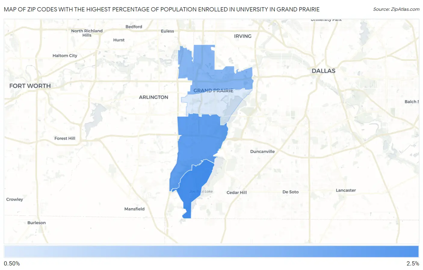 Zip Codes with the Highest Percentage of Population Enrolled in University in Grand Prairie Map