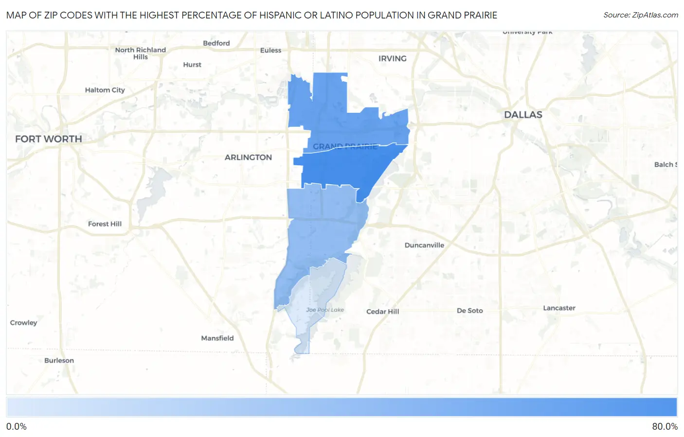 Zip Codes with the Highest Percentage of Hispanic or Latino Population in Grand Prairie Map