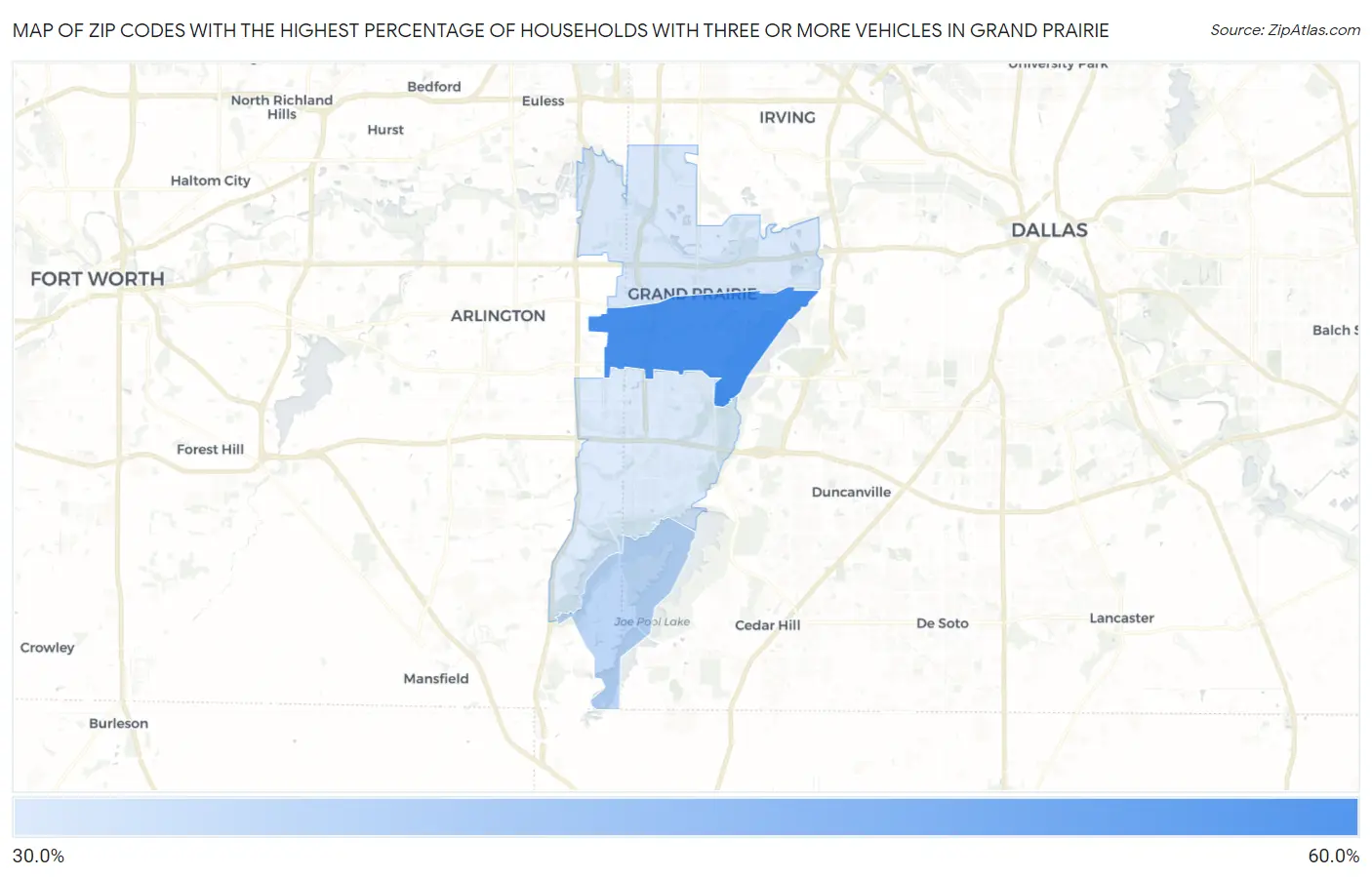 Zip Codes with the Highest Percentage of Households With Three or more Vehicles in Grand Prairie Map