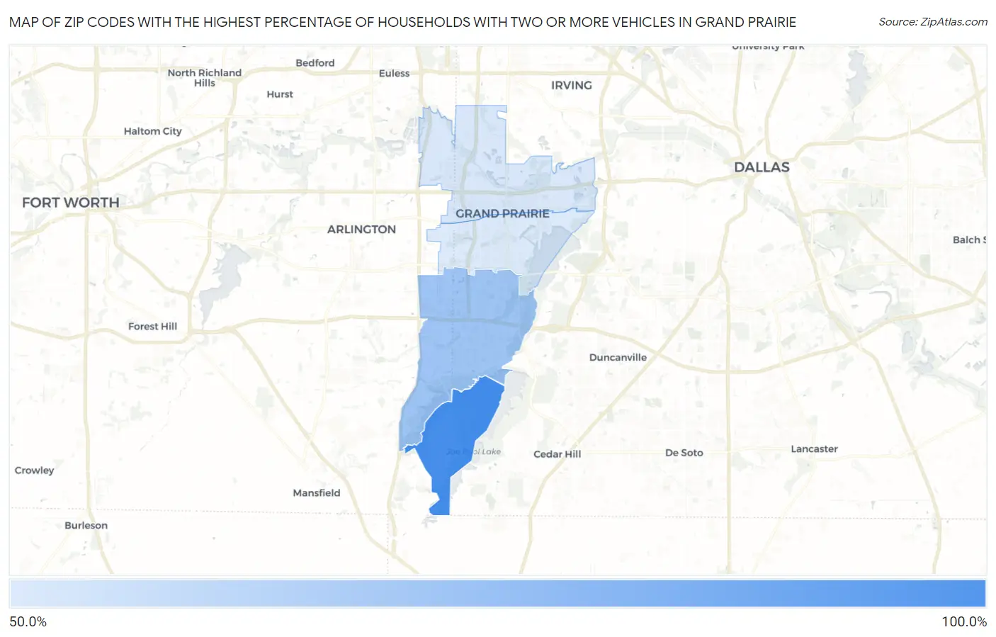 Zip Codes with the Highest Percentage of Households With Two or more Vehicles in Grand Prairie Map