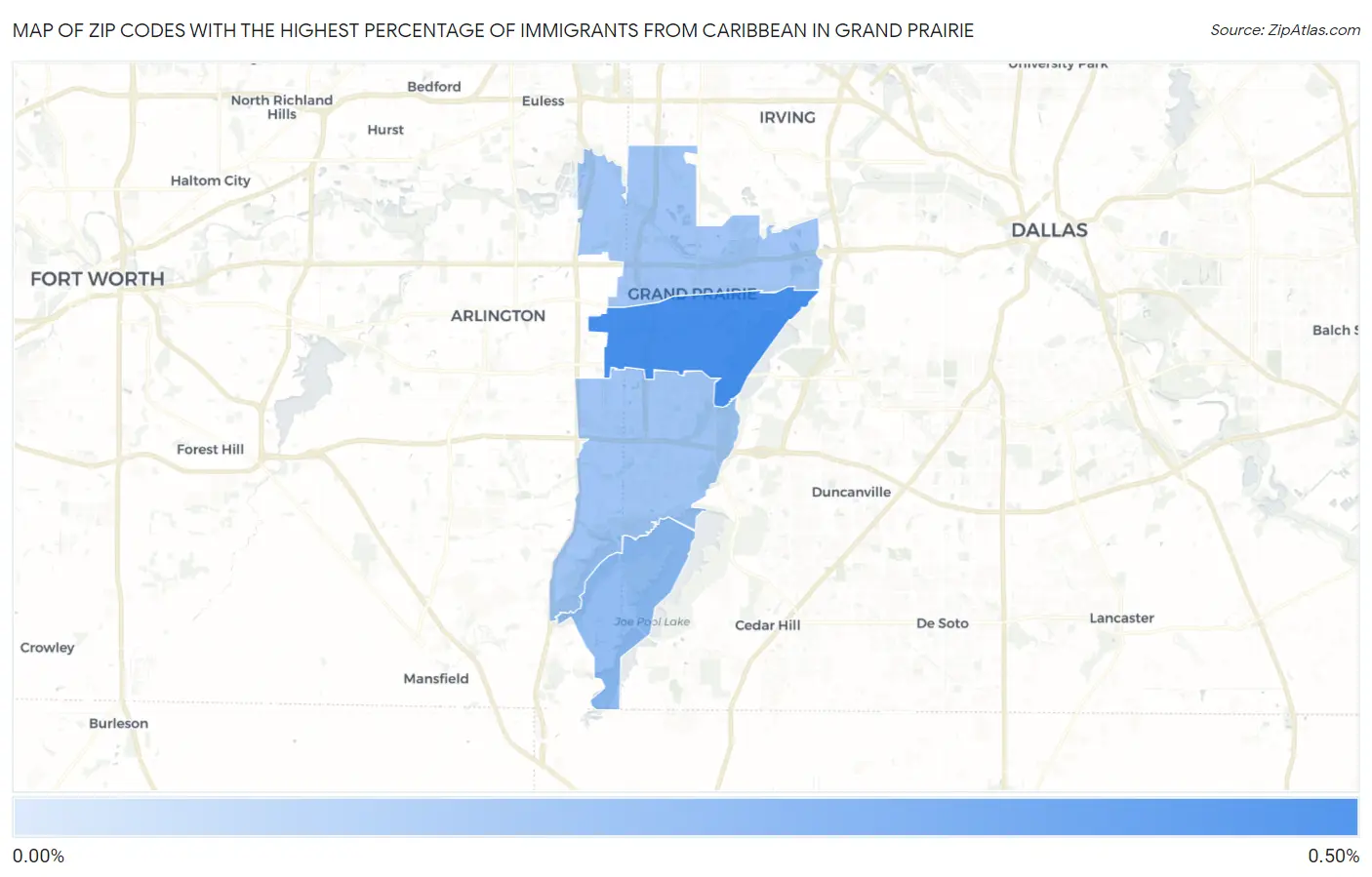 Zip Codes with the Highest Percentage of Immigrants from Caribbean in Grand Prairie Map