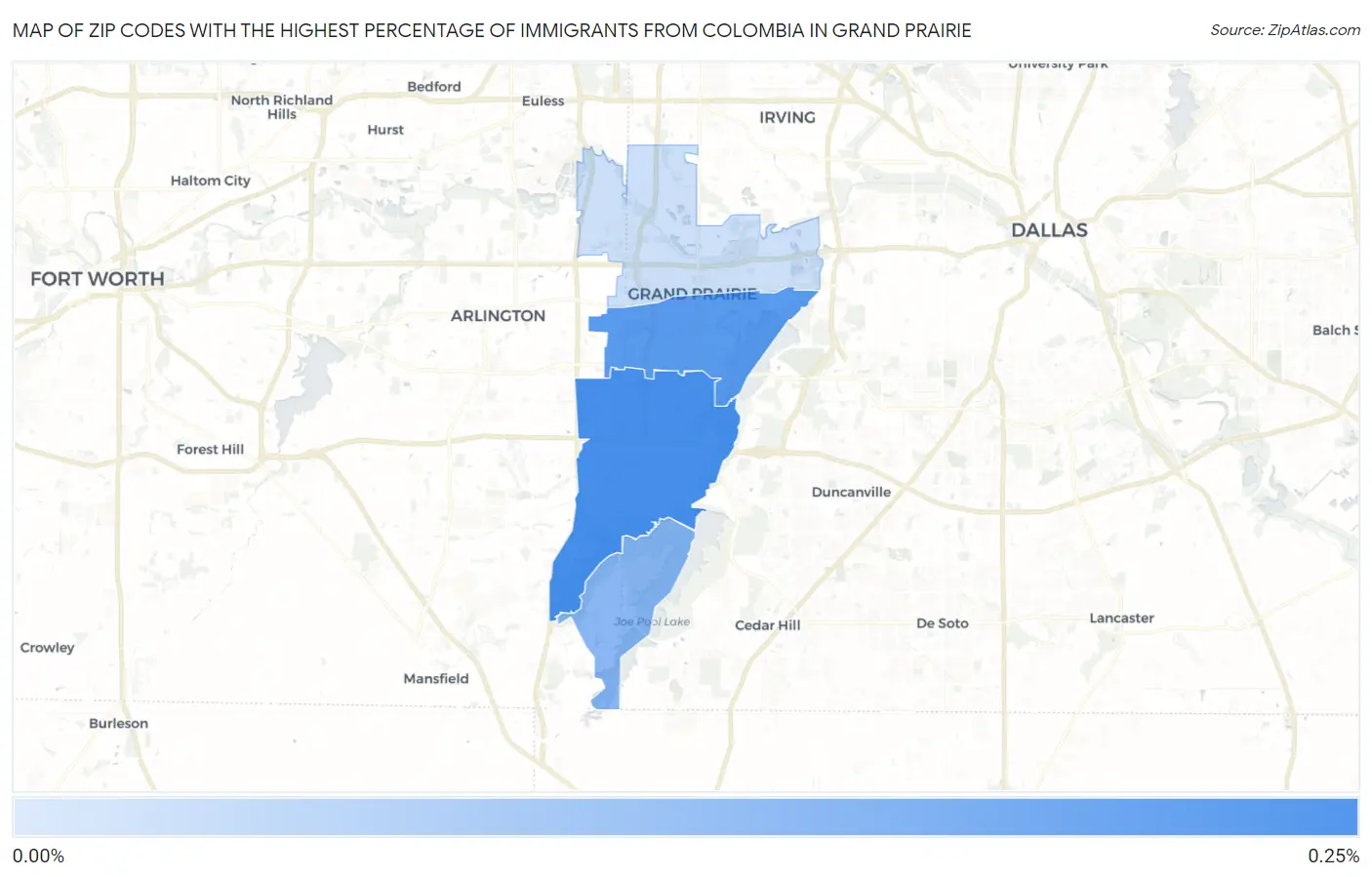 Zip Codes with the Highest Percentage of Immigrants from Colombia in Grand Prairie Map