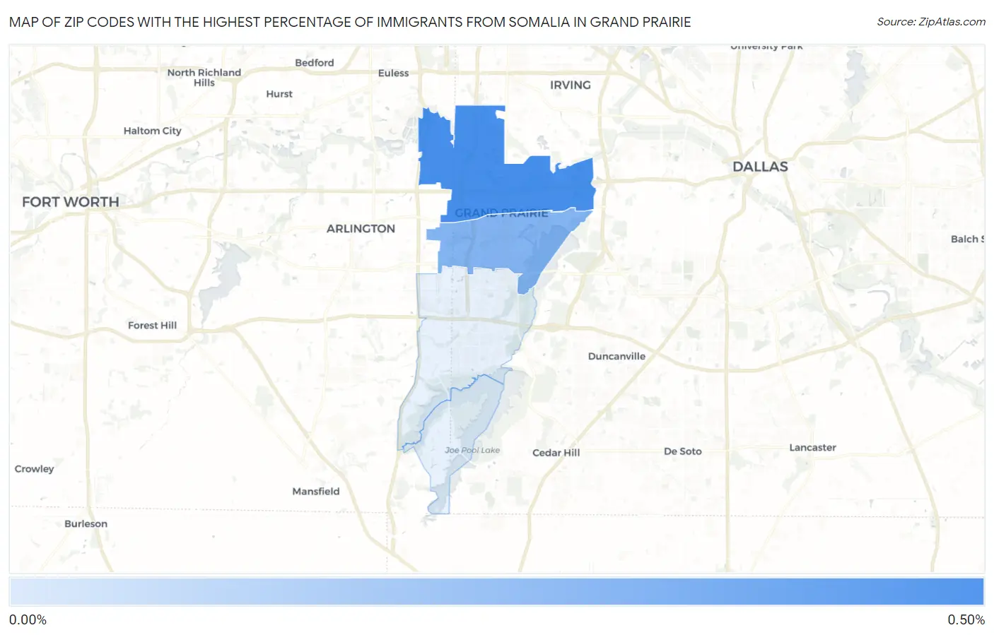 Zip Codes with the Highest Percentage of Immigrants from Somalia in Grand Prairie Map
