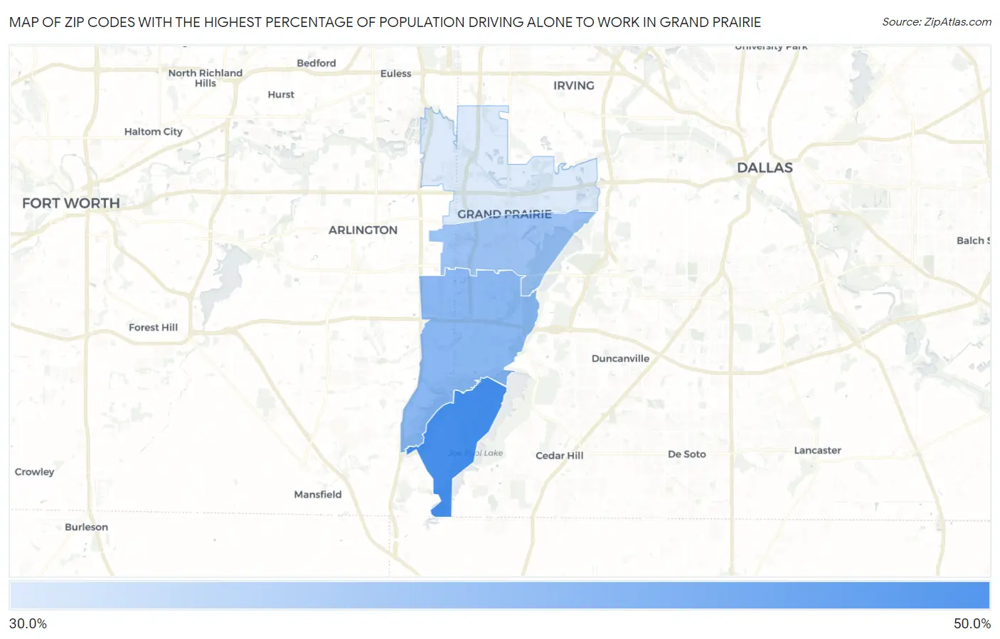 Zip Codes with the Highest Percentage of Population Driving Alone to Work in Grand Prairie Map