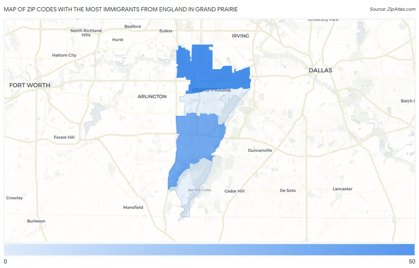 Zip Codes with the Most Immigrants from England in Grand Prairie Map