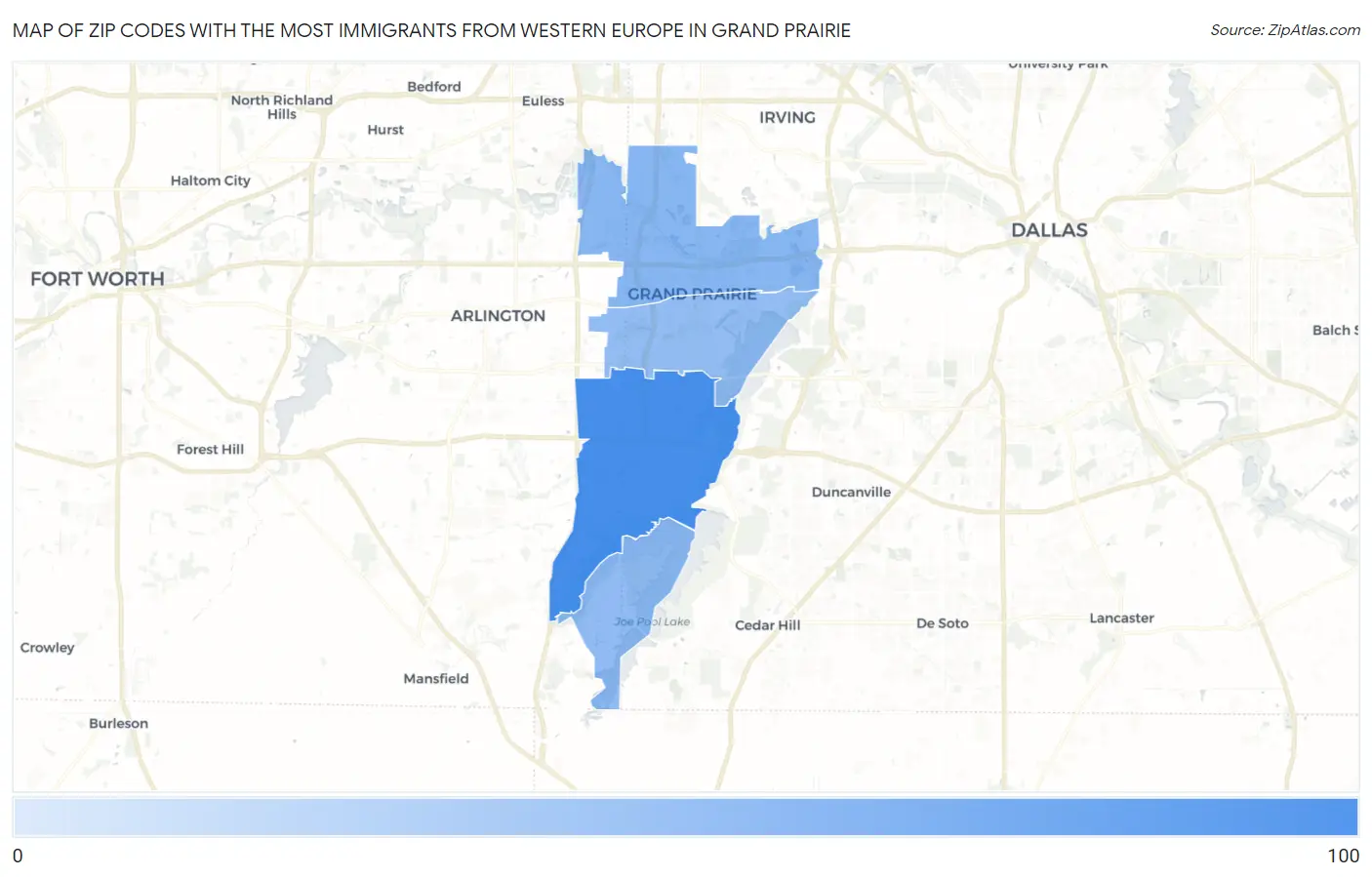Zip Codes with the Most Immigrants from Western Europe in Grand Prairie Map