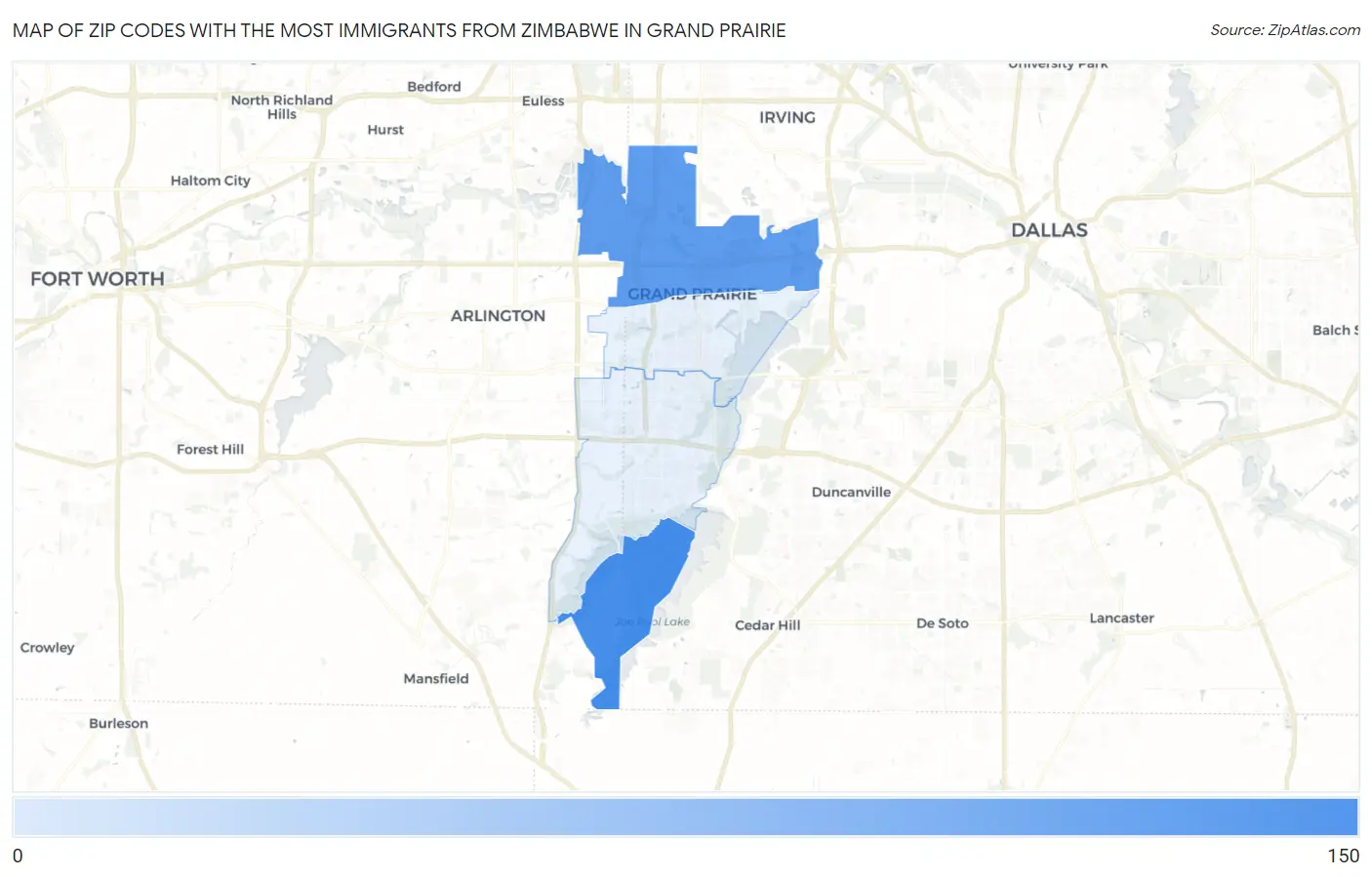 Zip Codes with the Most Immigrants from Zimbabwe in Grand Prairie Map