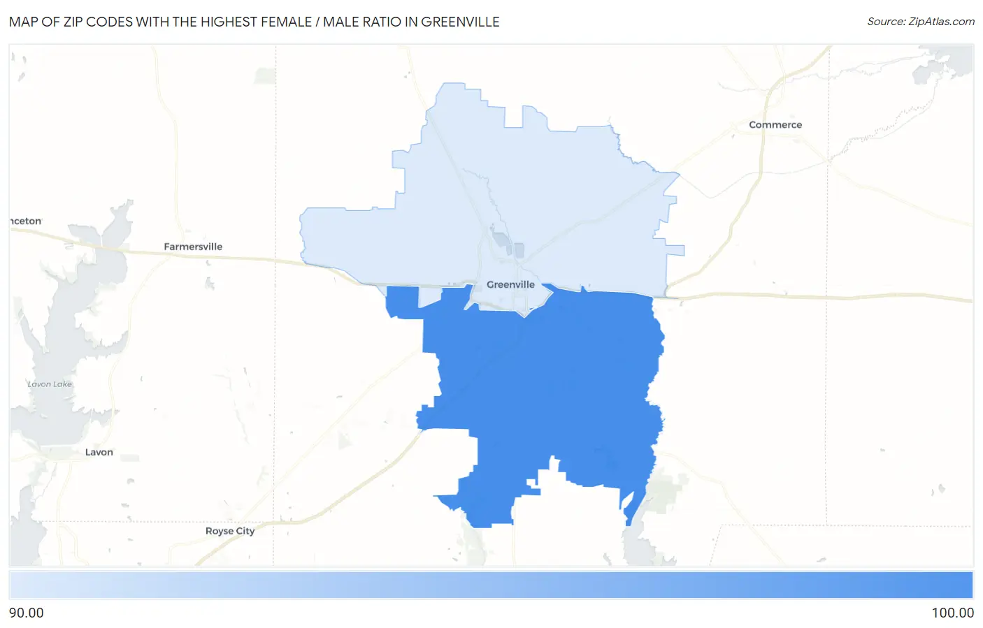 Zip Codes with the Highest Female / Male Ratio in Greenville Map