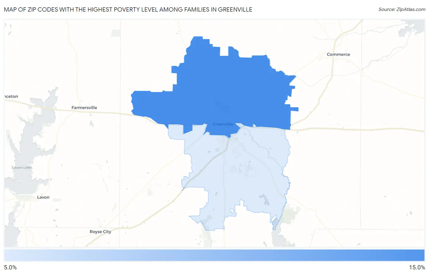 Zip Codes with the Highest Poverty Level Among Families in Greenville Map