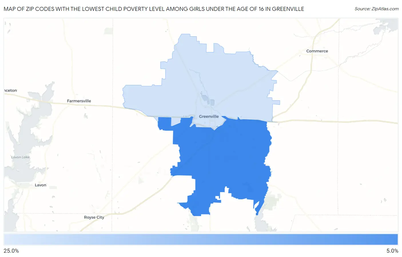 Zip Codes with the Lowest Child Poverty Level Among Girls Under the Age of 16 in Greenville Map
