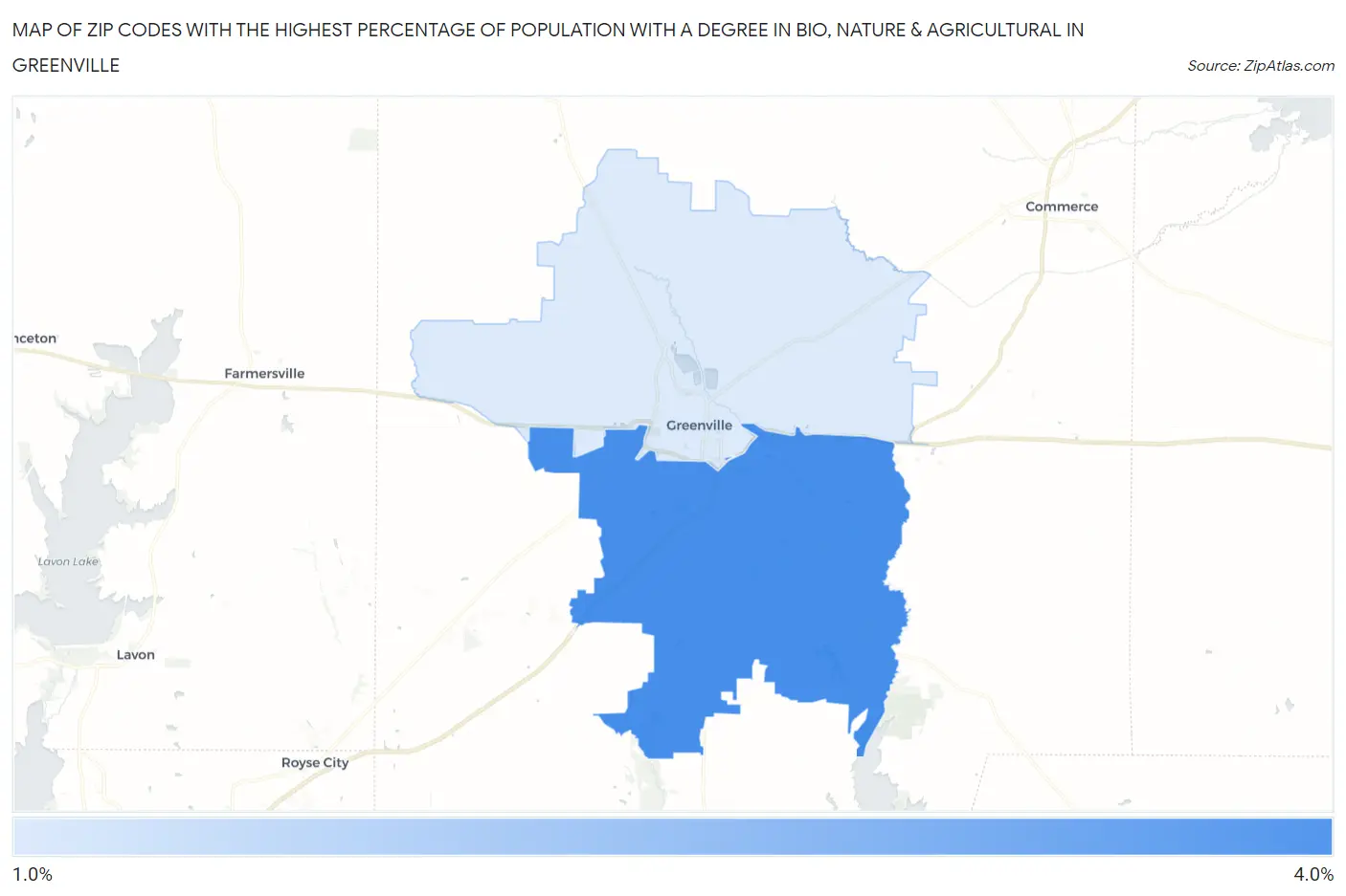 Zip Codes with the Highest Percentage of Population with a Degree in Bio, Nature & Agricultural in Greenville Map