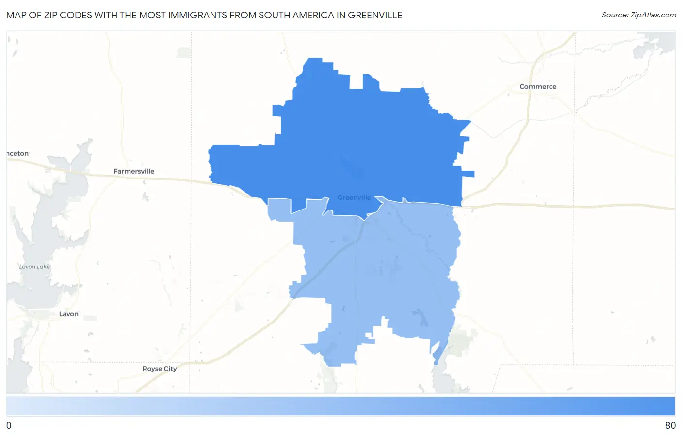 Zip Codes with the Most Immigrants from South America in Greenville Map