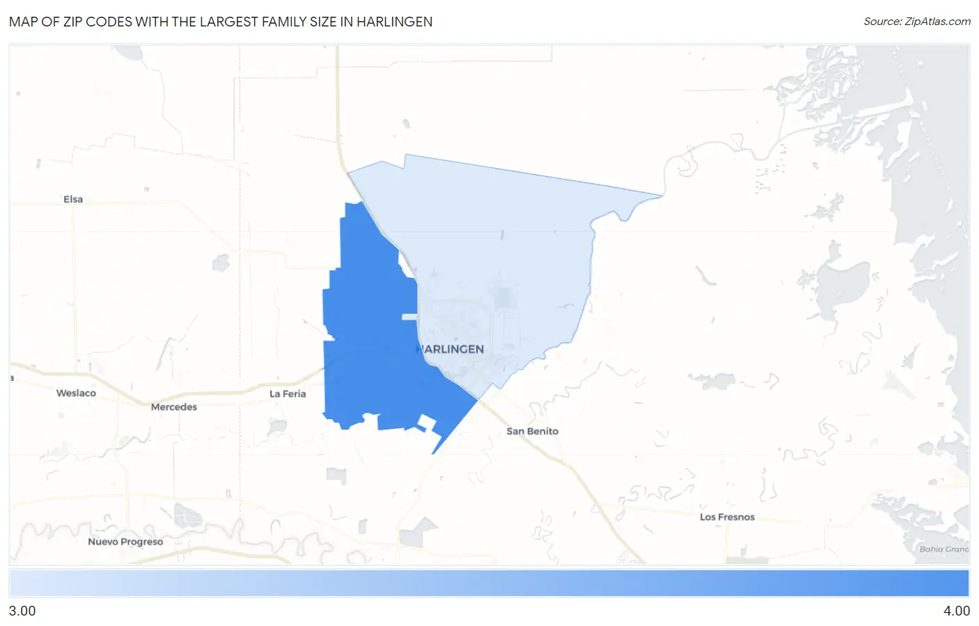 Zip Codes with the Largest Family Size in Harlingen Map