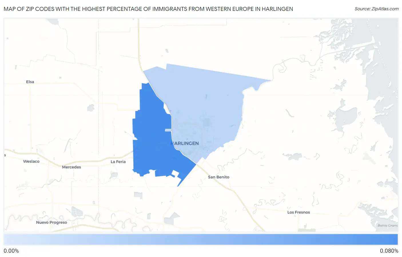 Zip Codes with the Highest Percentage of Immigrants from Western Europe in Harlingen Map