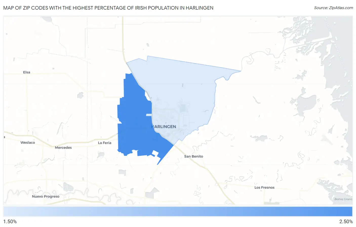 Zip Codes with the Highest Percentage of Irish Population in Harlingen Map