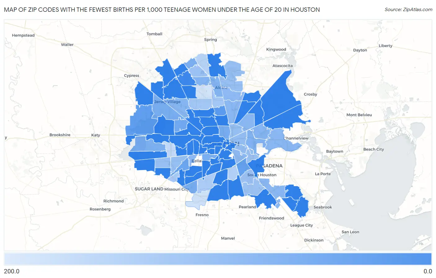 Zip Codes with the Fewest Births per 1,000 Teenage Women Under the Age of 20 in Houston Map