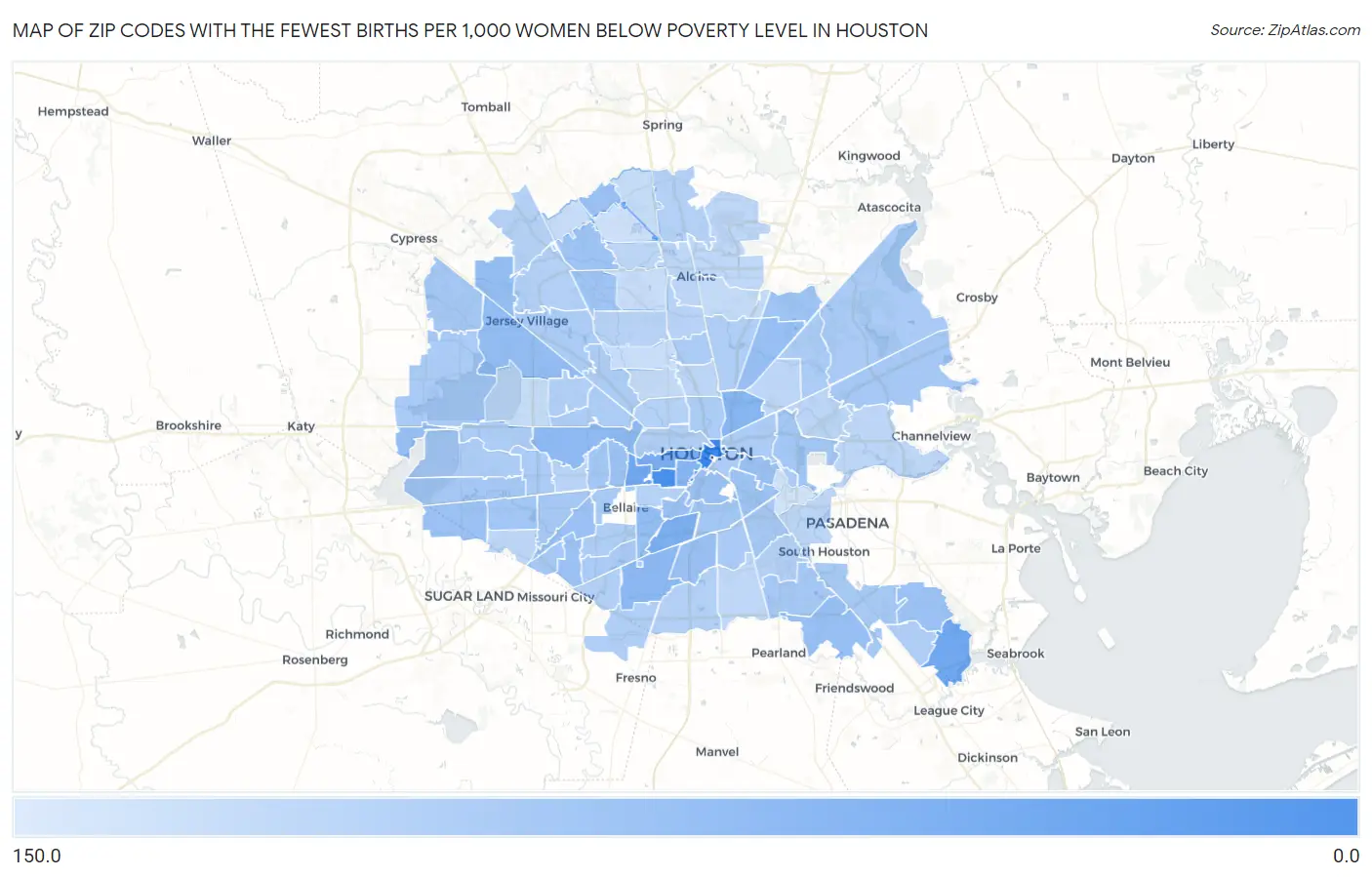 Zip Codes with the Fewest Births per 1,000 Women Below Poverty Level in Houston Map