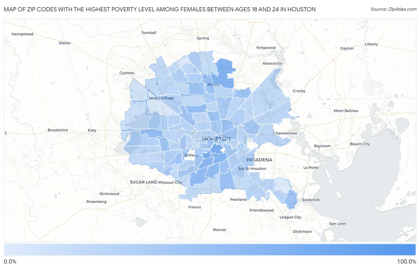 Zip Codes with the Highest Poverty Level Among Females Between Ages 18 and 24 in Houston Map