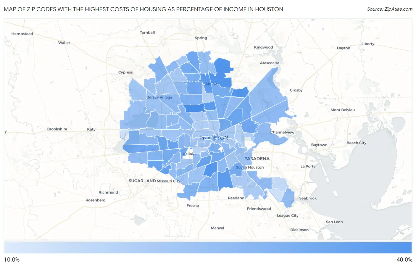 Zip Codes with the Highest Costs of Housing as Percentage of Income in Houston Map