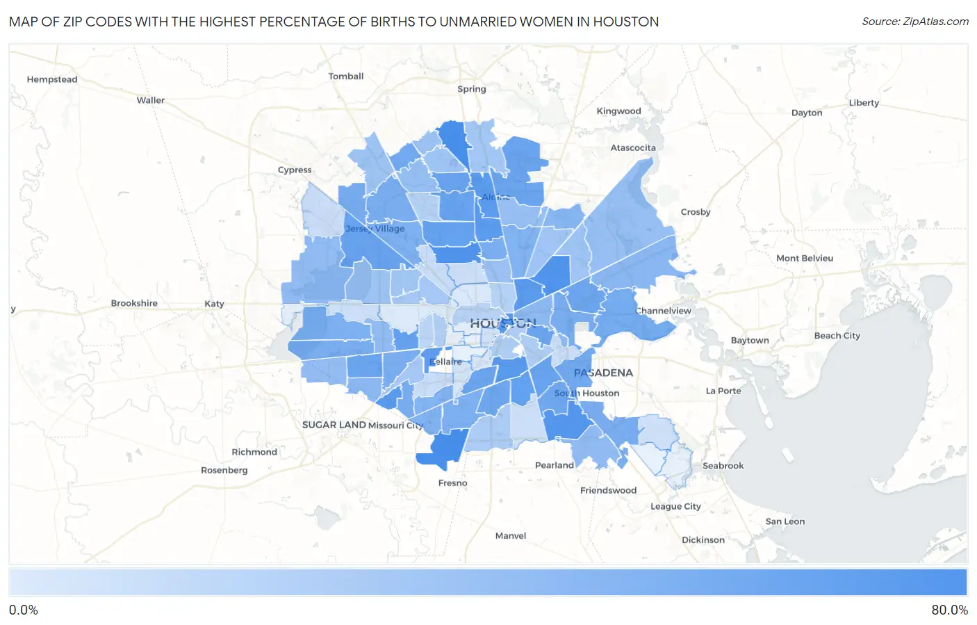 Zip Codes with the Highest Percentage of Births to Unmarried Women in Houston Map
