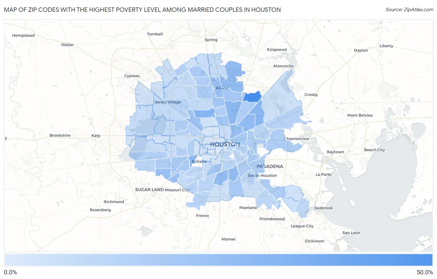 Zip Codes with the Highest Poverty Level Among Married Couples in Houston Map