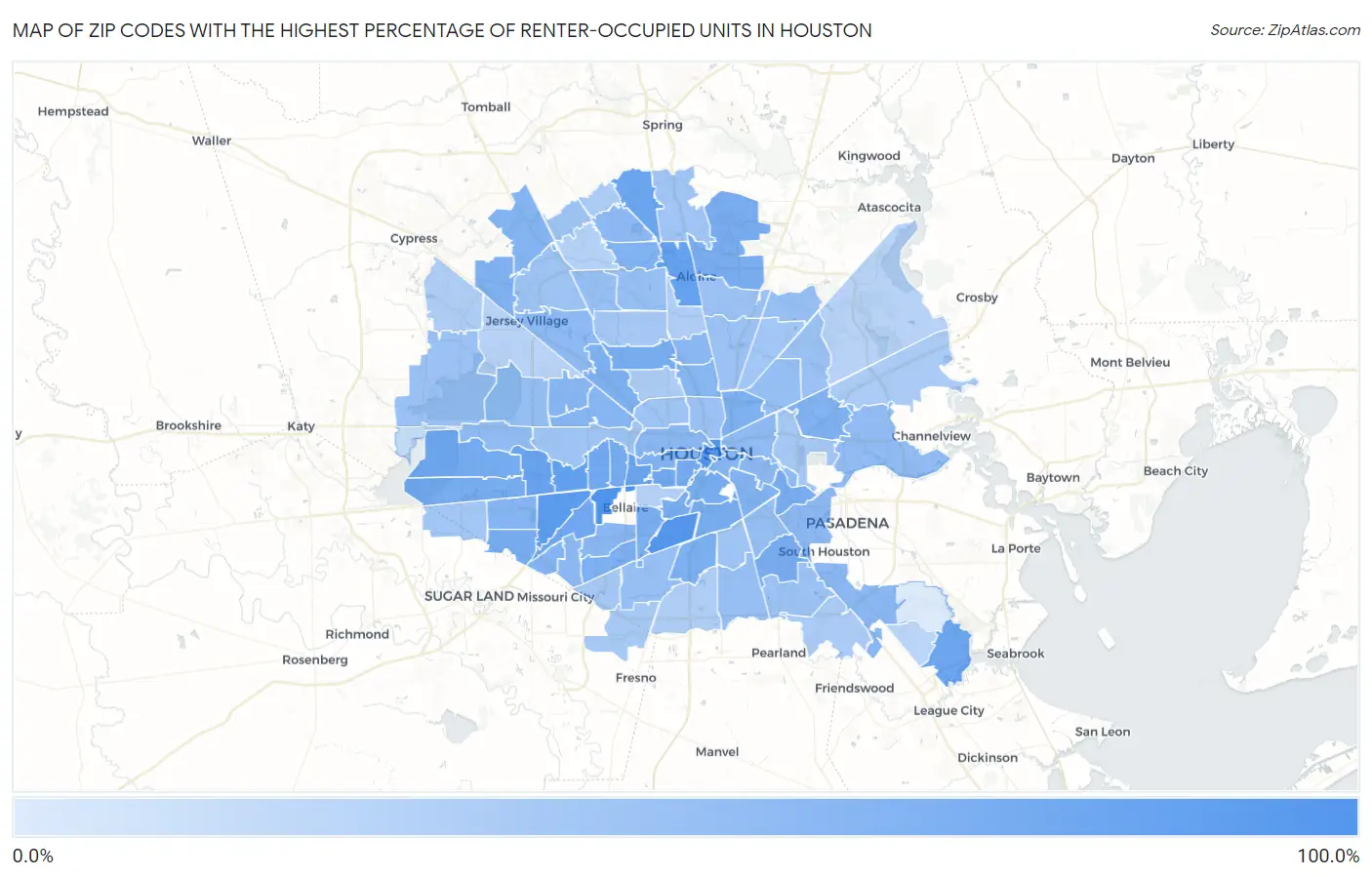 Zip Codes with the Highest Percentage of Renter-Occupied Units in Houston Map
