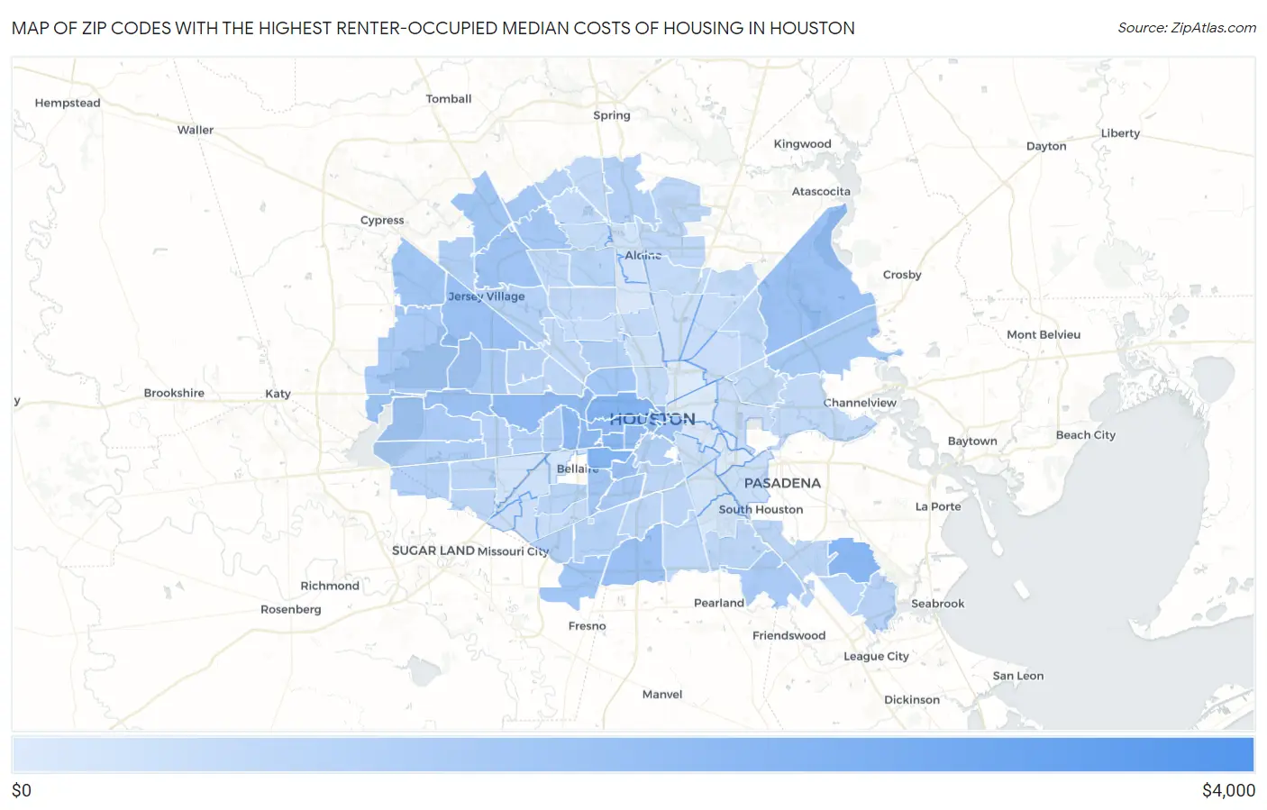Zip Codes with the Highest Renter-Occupied Median Costs of Housing in Houston Map
