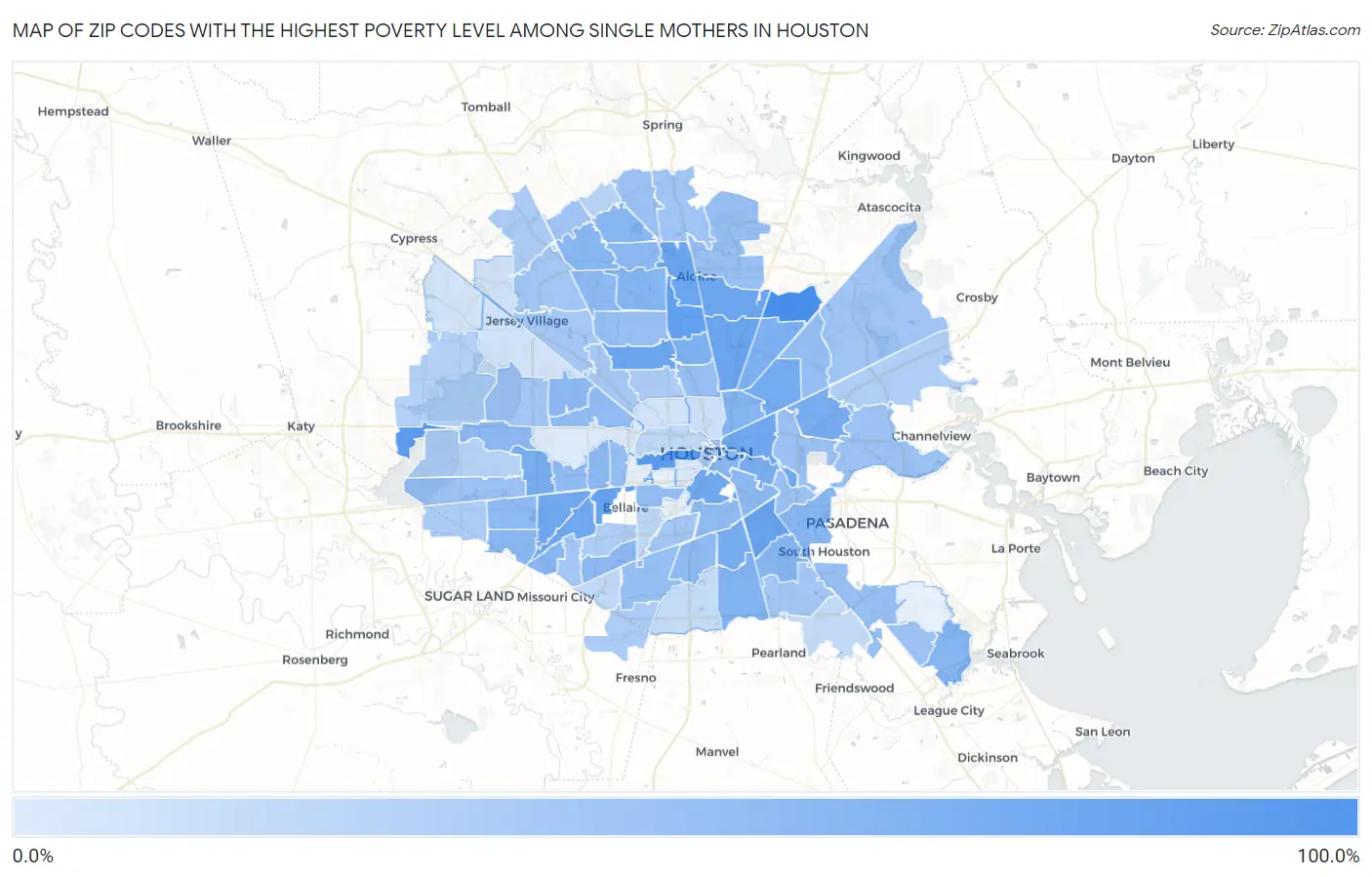Zip Codes with the Highest Poverty Level Among Single Mothers in Houston Map