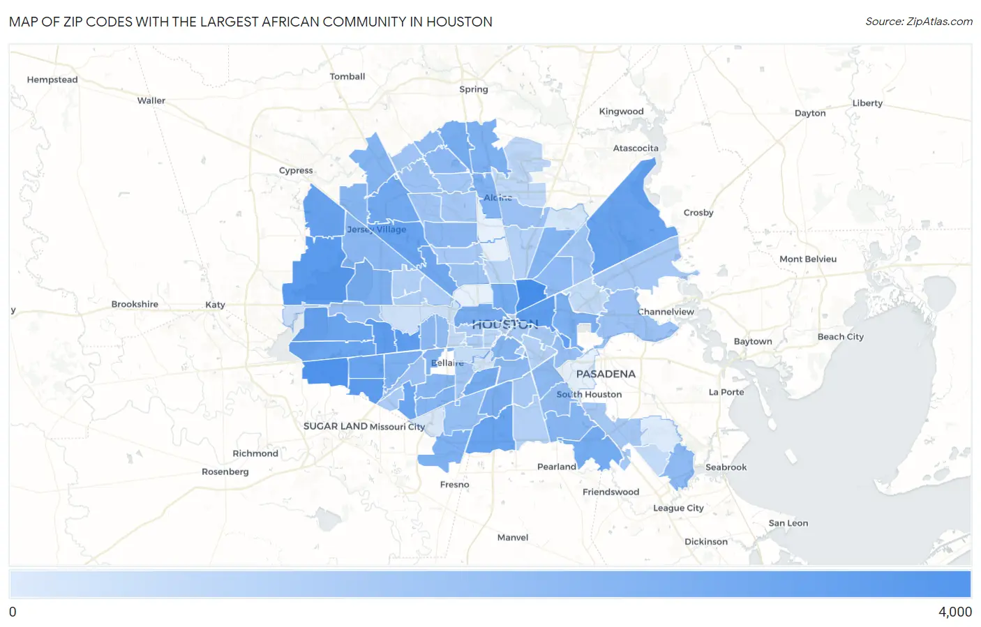 Zip Codes with the Largest African Community in Houston Map