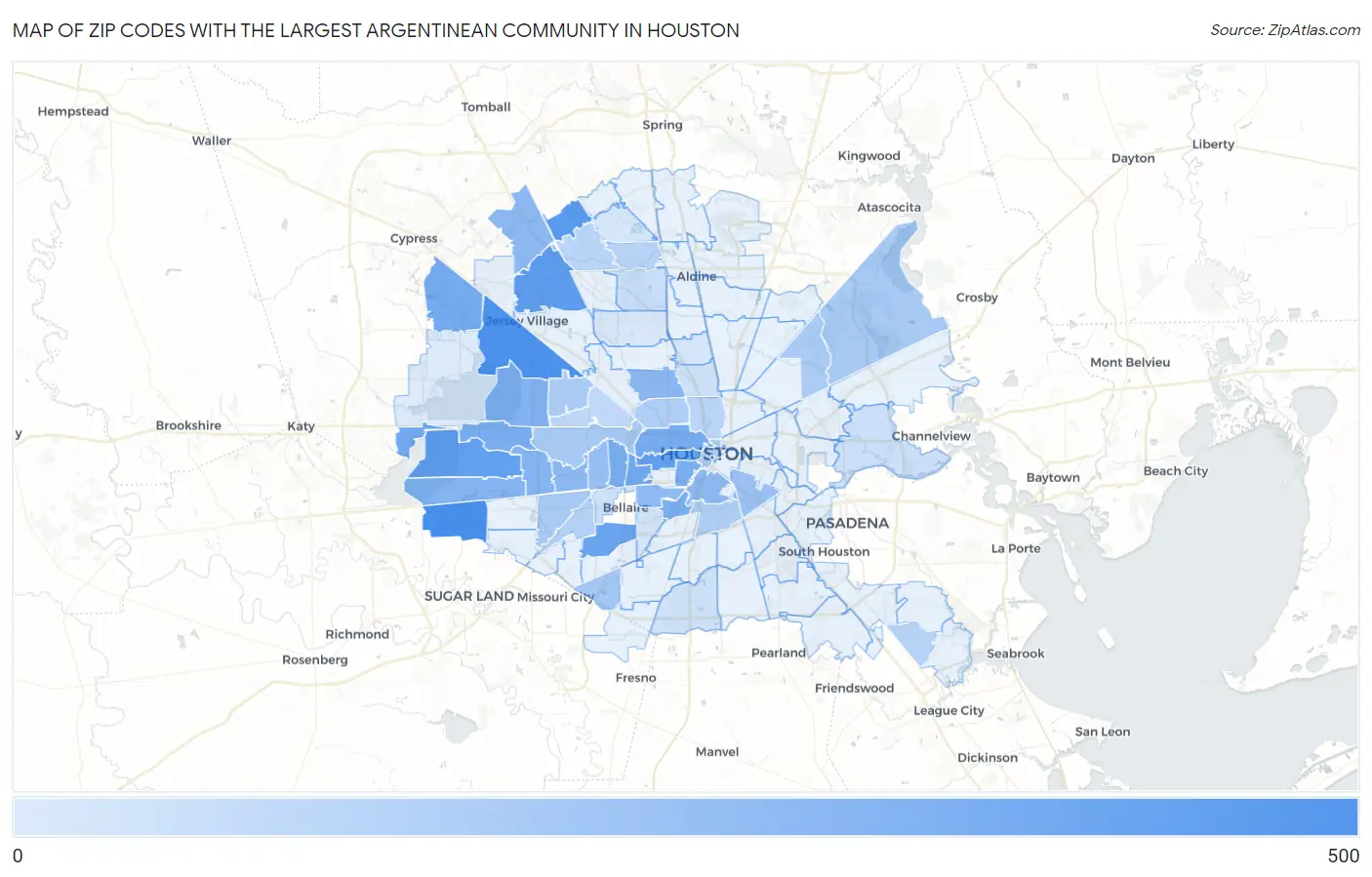 Zip Codes with the Largest Argentinean Community in Houston Map
