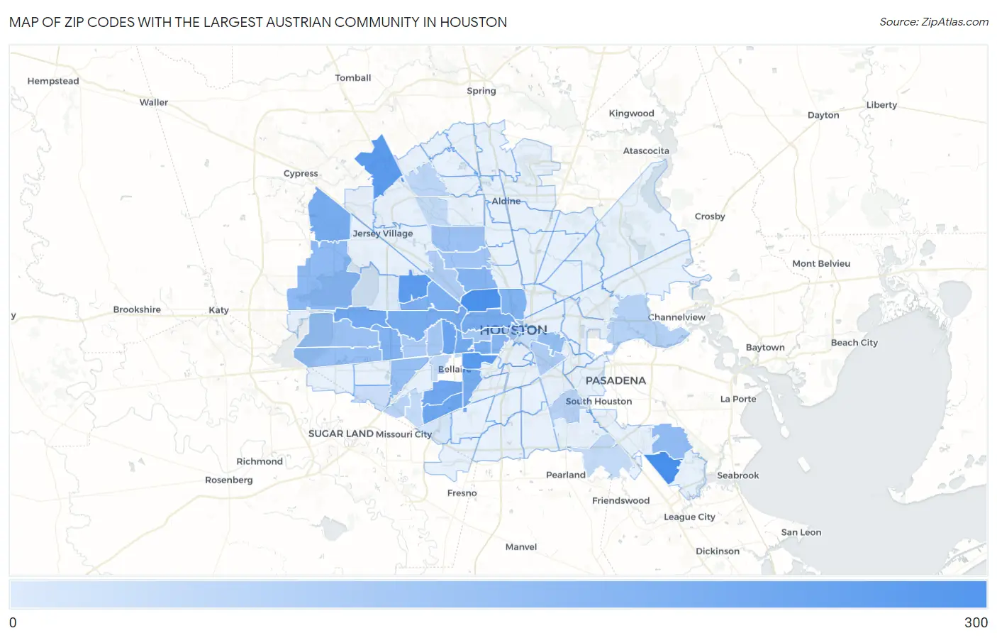 Zip Codes with the Largest Austrian Community in Houston Map