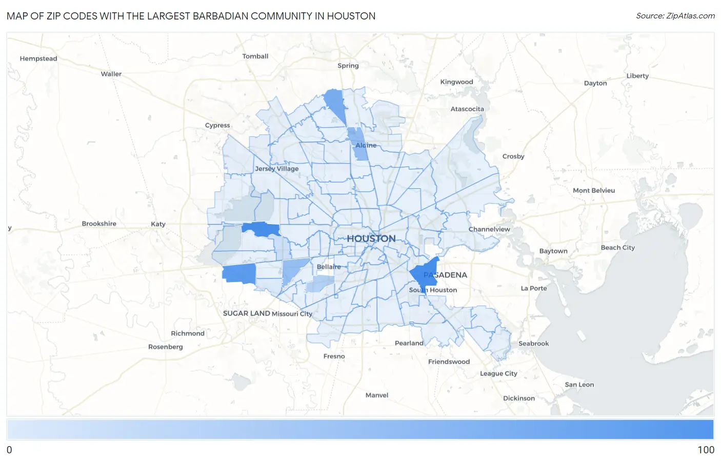Zip Codes with the Largest Barbadian Community in Houston Map
