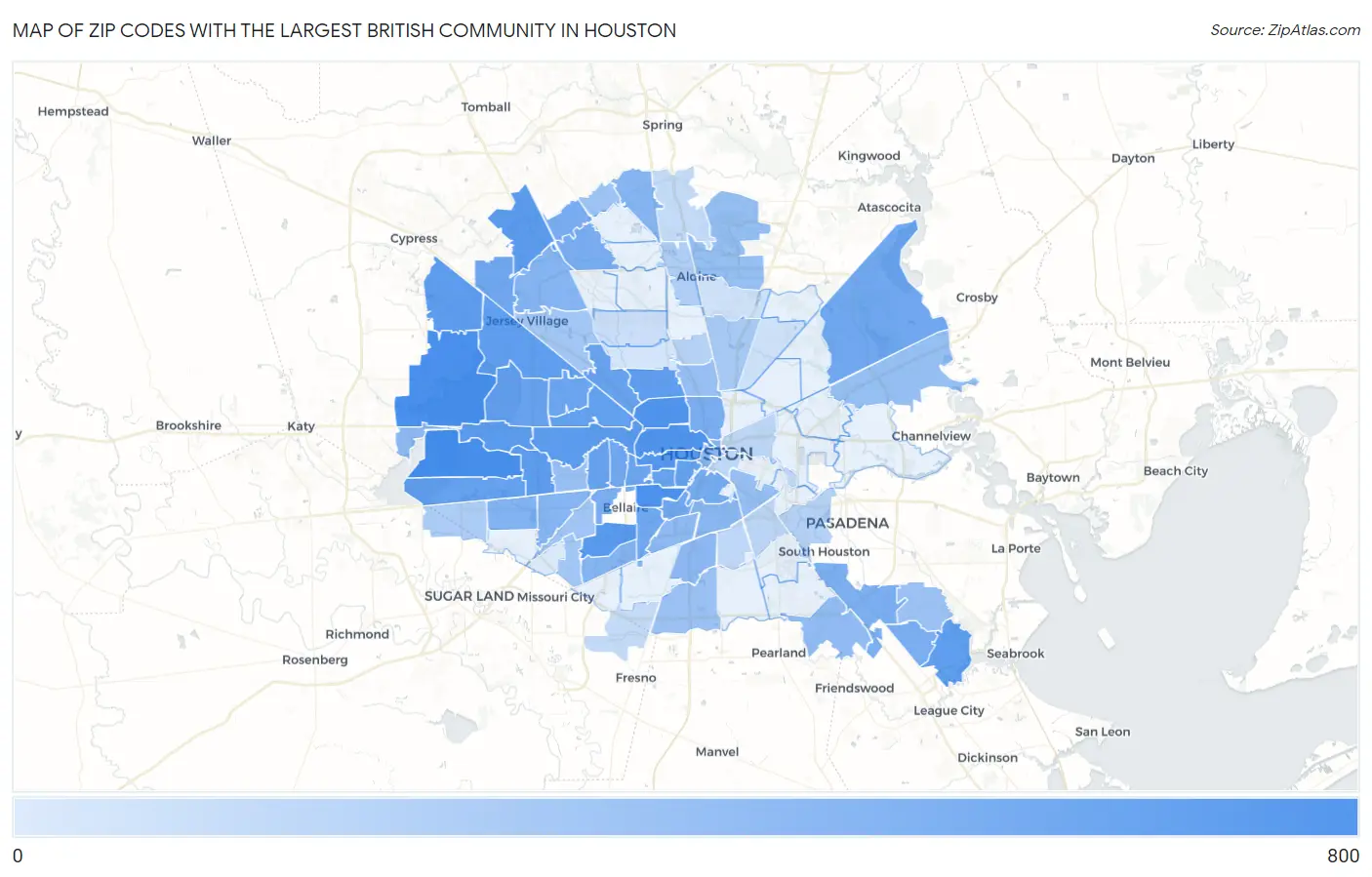 Zip Codes with the Largest British Community in Houston Map