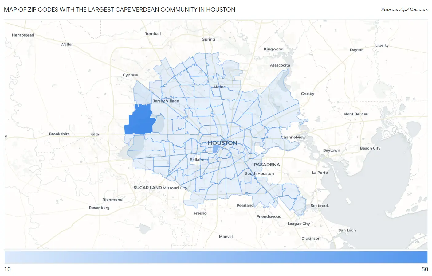 Zip Codes with the Largest Cape Verdean Community in Houston Map