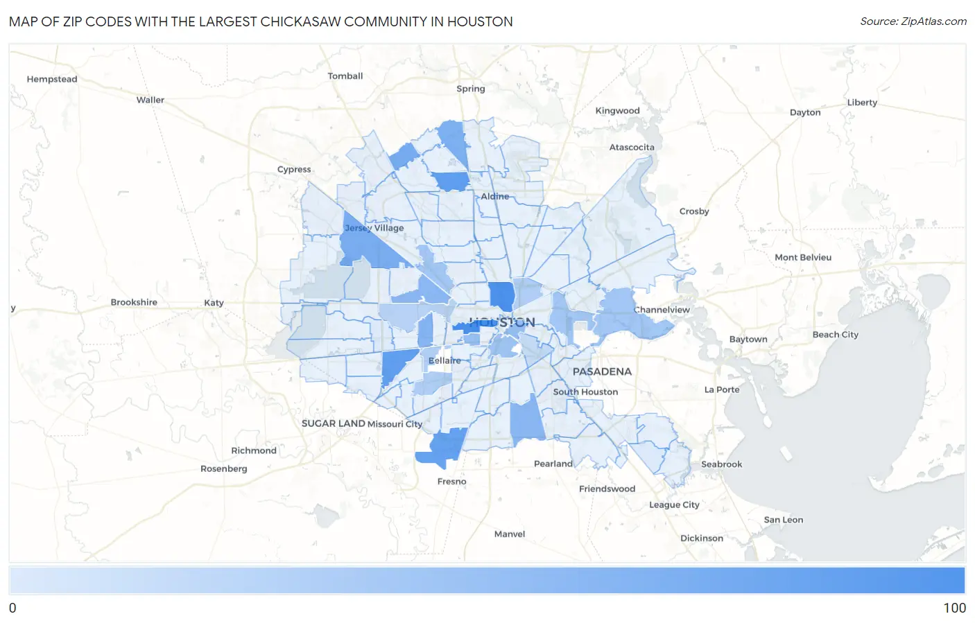 Zip Codes with the Largest Chickasaw Community in Houston Map