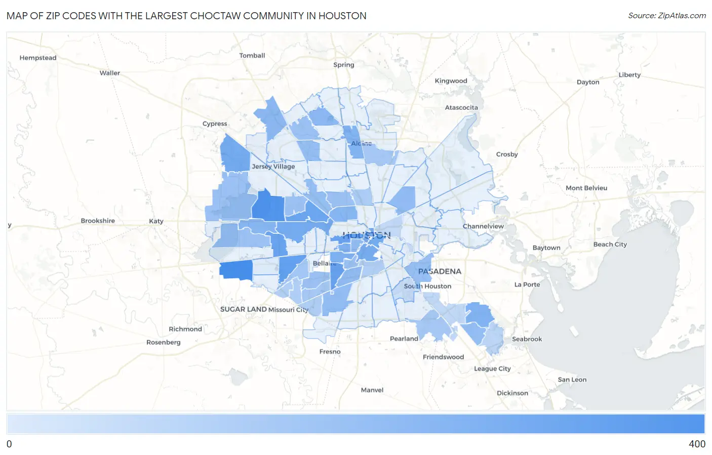 Zip Codes with the Largest Choctaw Community in Houston Map
