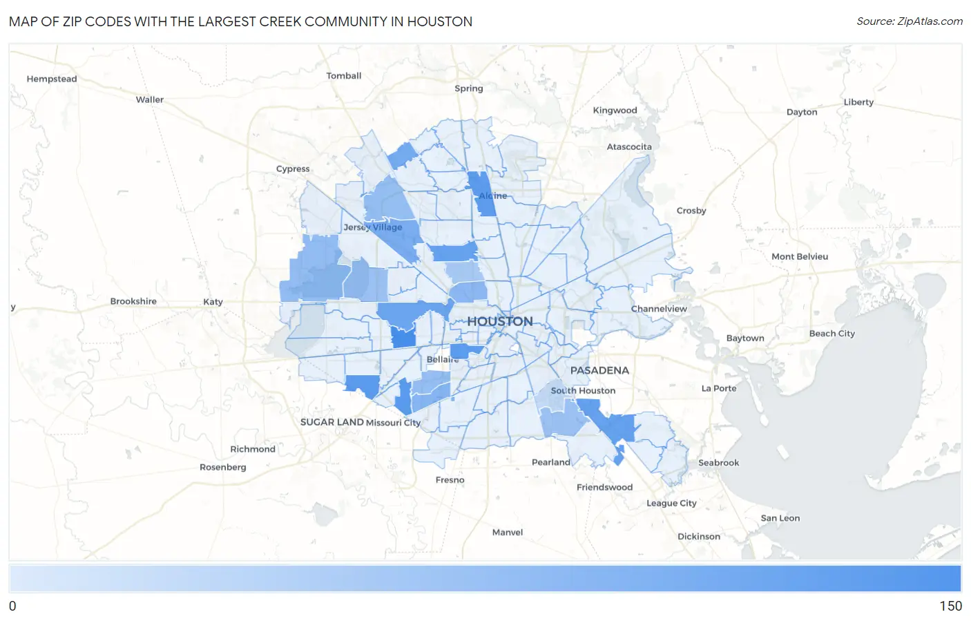Zip Codes with the Largest Creek Community in Houston Map