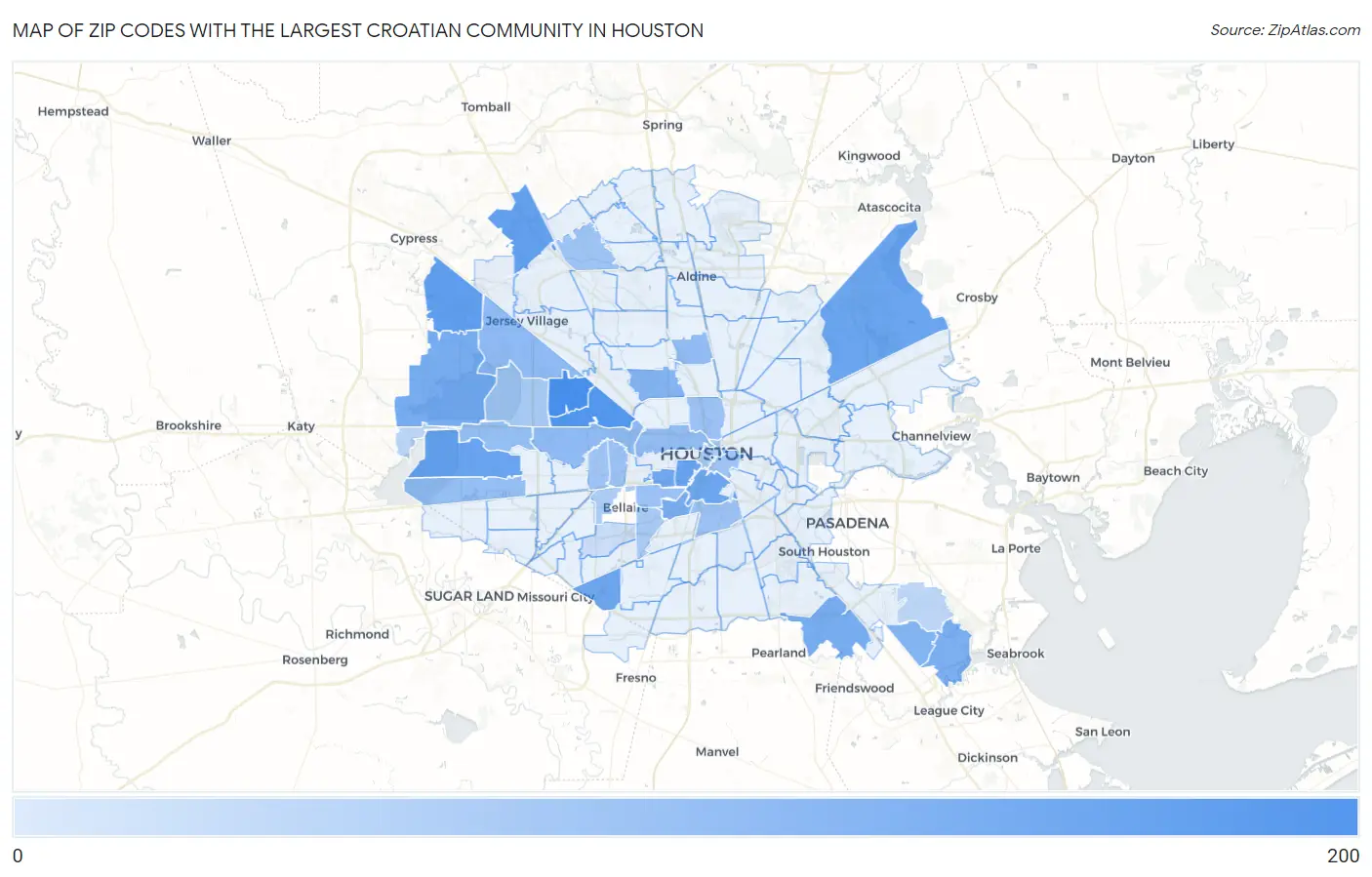 Zip Codes with the Largest Croatian Community in Houston Map
