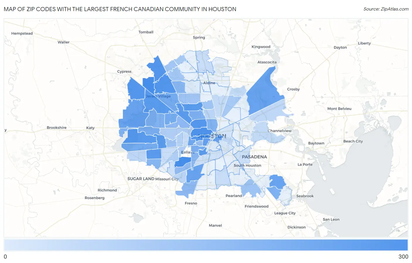 Zip Codes with the Largest French Canadian Community in Houston Map