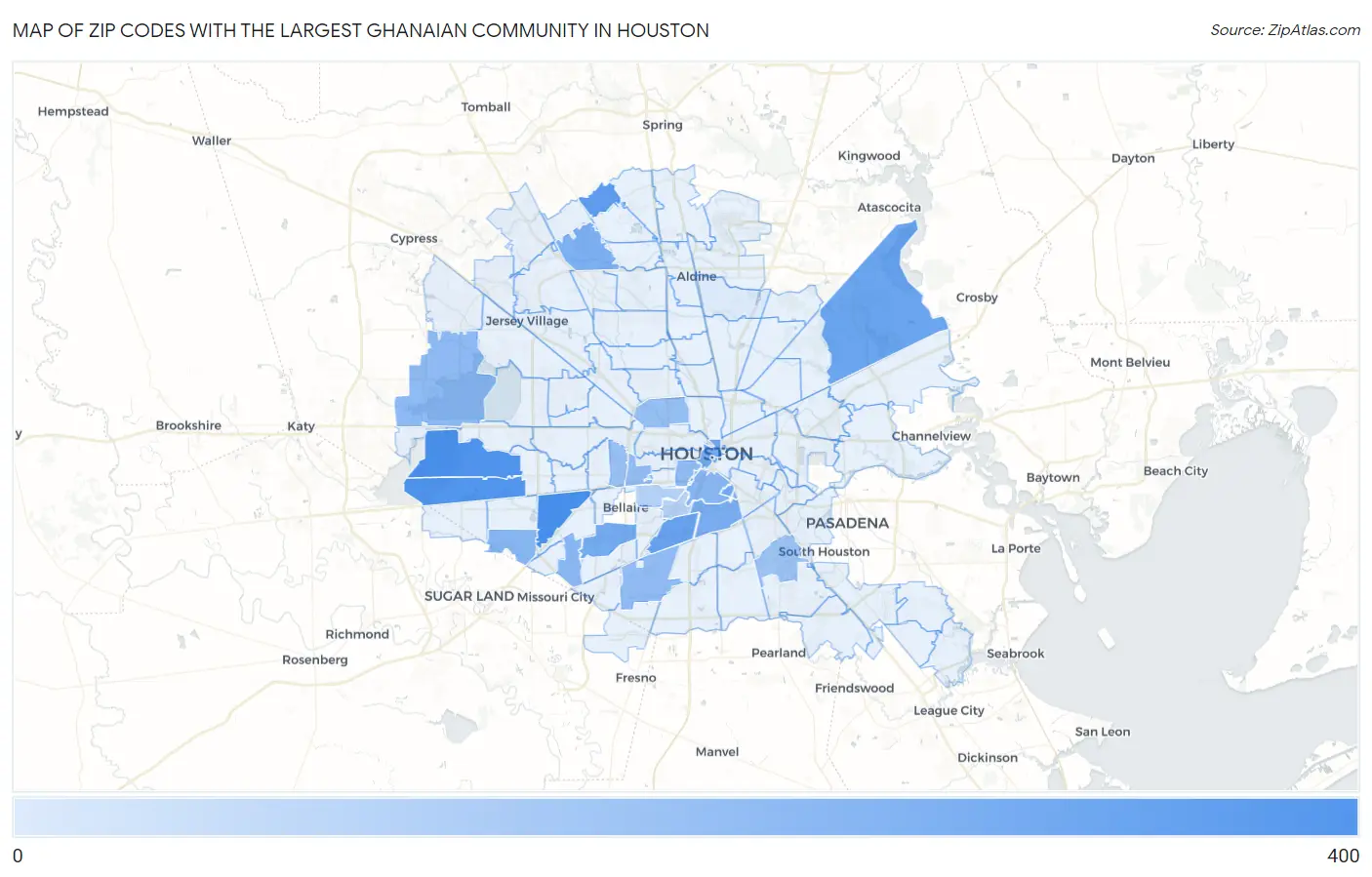 Zip Codes with the Largest Ghanaian Community in Houston Map